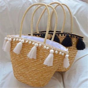 Straw Handbag with Black/White tassels